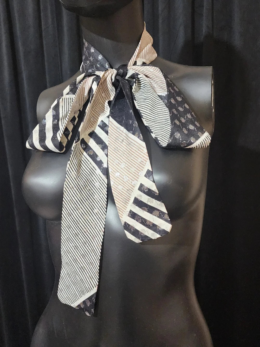 Vintage 80s Bow Neck Scarf Black White Striped Polka Dot Shimmer Oblong